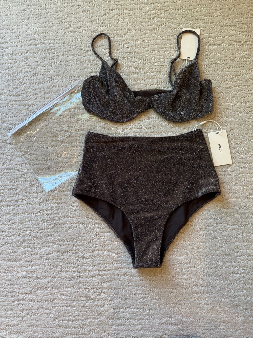 NWT Mikoh Lurex Bikini Lami bottom Bosa Top chocolate brown sparkle medium
